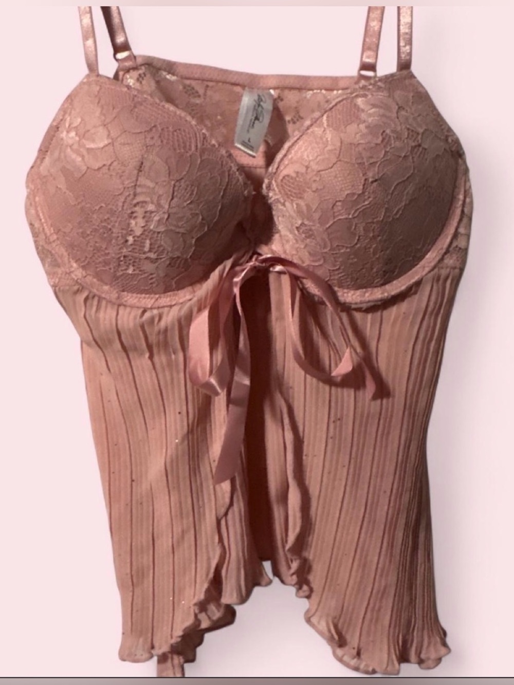 Marilyn Monroe Blush Lace & Pleated Satin Chemise with Ribbon Tie